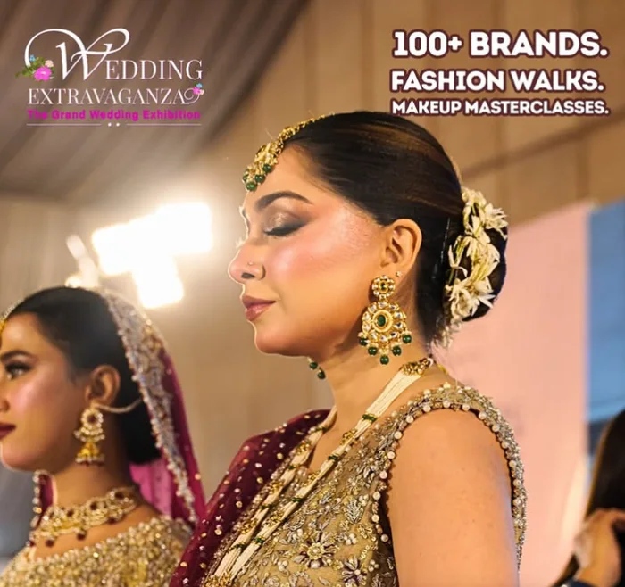 Close-up of bridal makeup and jewellery on models at a Wedding Extravaganza masterclass